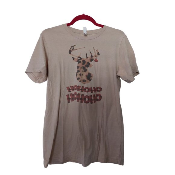 Leopard Print Reindeer Graphic Tee Featuring "Ho Ho Ho" Text  Bella+Canvas  Beig - Picture 1 of 2